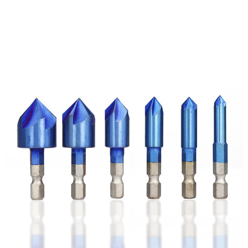 6pcs 6-19mm Countersink Drill Bit 5 Flutes Hex Shank Nano Blue Coated Chamfer Cutter Set