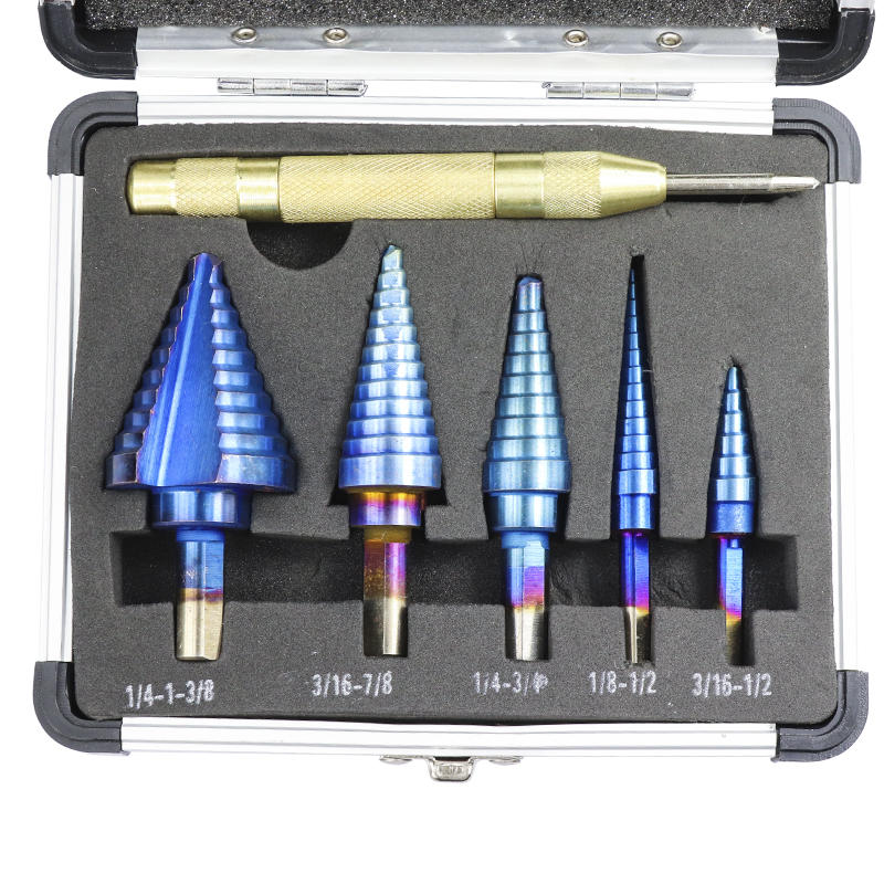 6Pcs HSS Nano Blue Coated Step Drill Bit With Center Punch Set Hole Cutter Drilling Tool