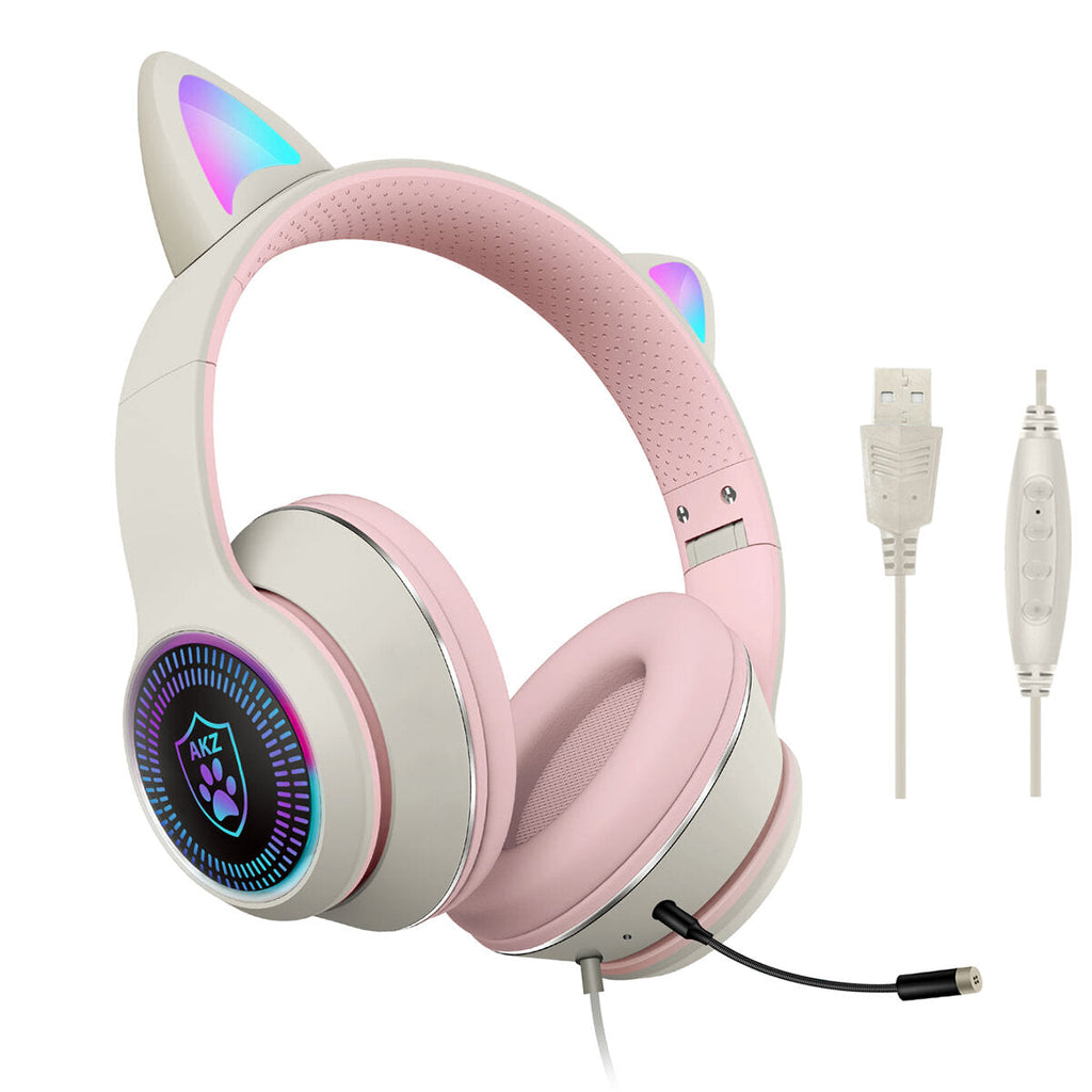 Cat Ear Wired Headset USB 7.1 Channel Stereo Sound Head-mounted Luminous RGB Gaming Headphone with Sound Card Noise-canceling Microphone for PC