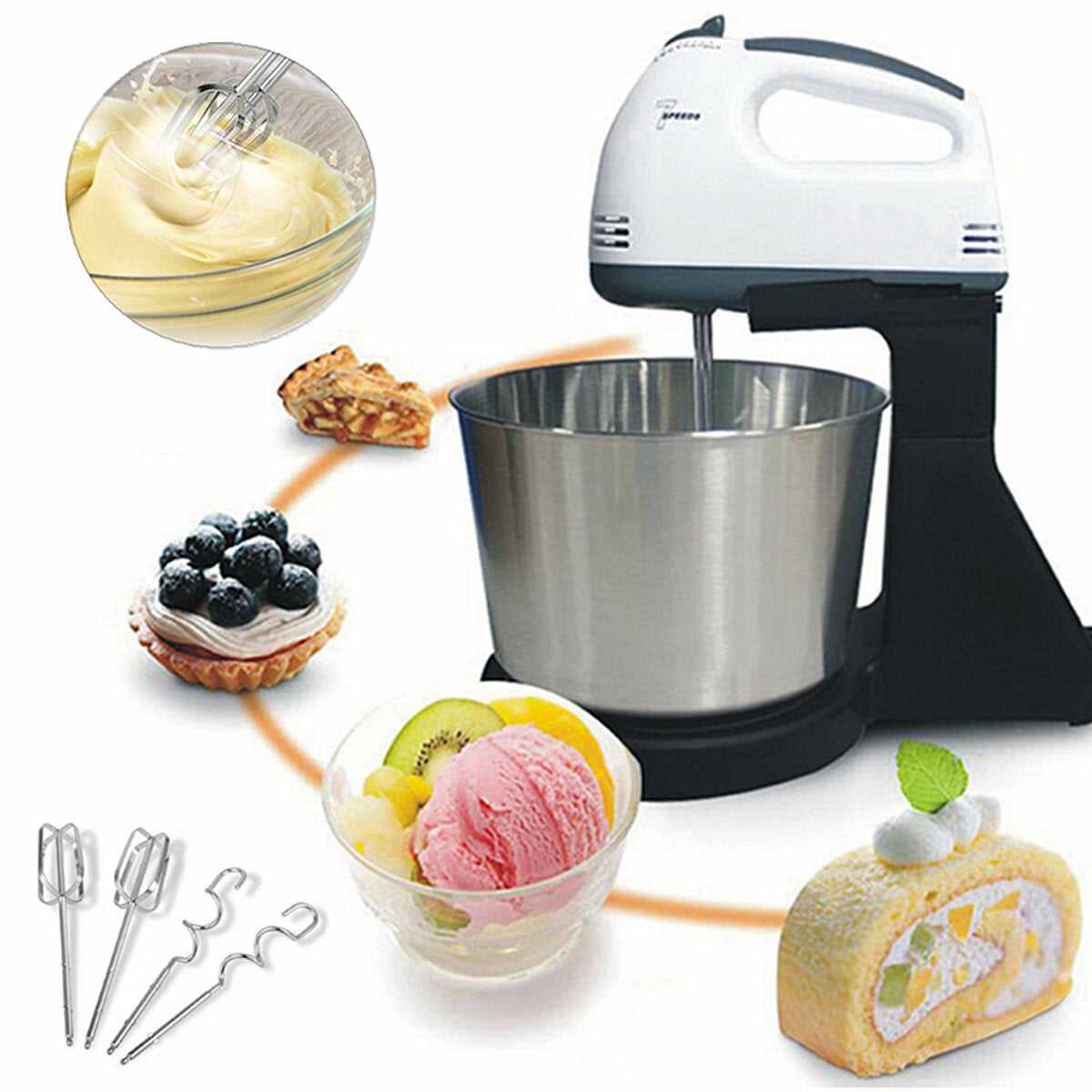 7 Speed Electric Egg Beater Dough Cakes Bread Egg Stand Mixer + Hand Blender + Bowl Food Mixer Kitchen Accessories Egg Tools