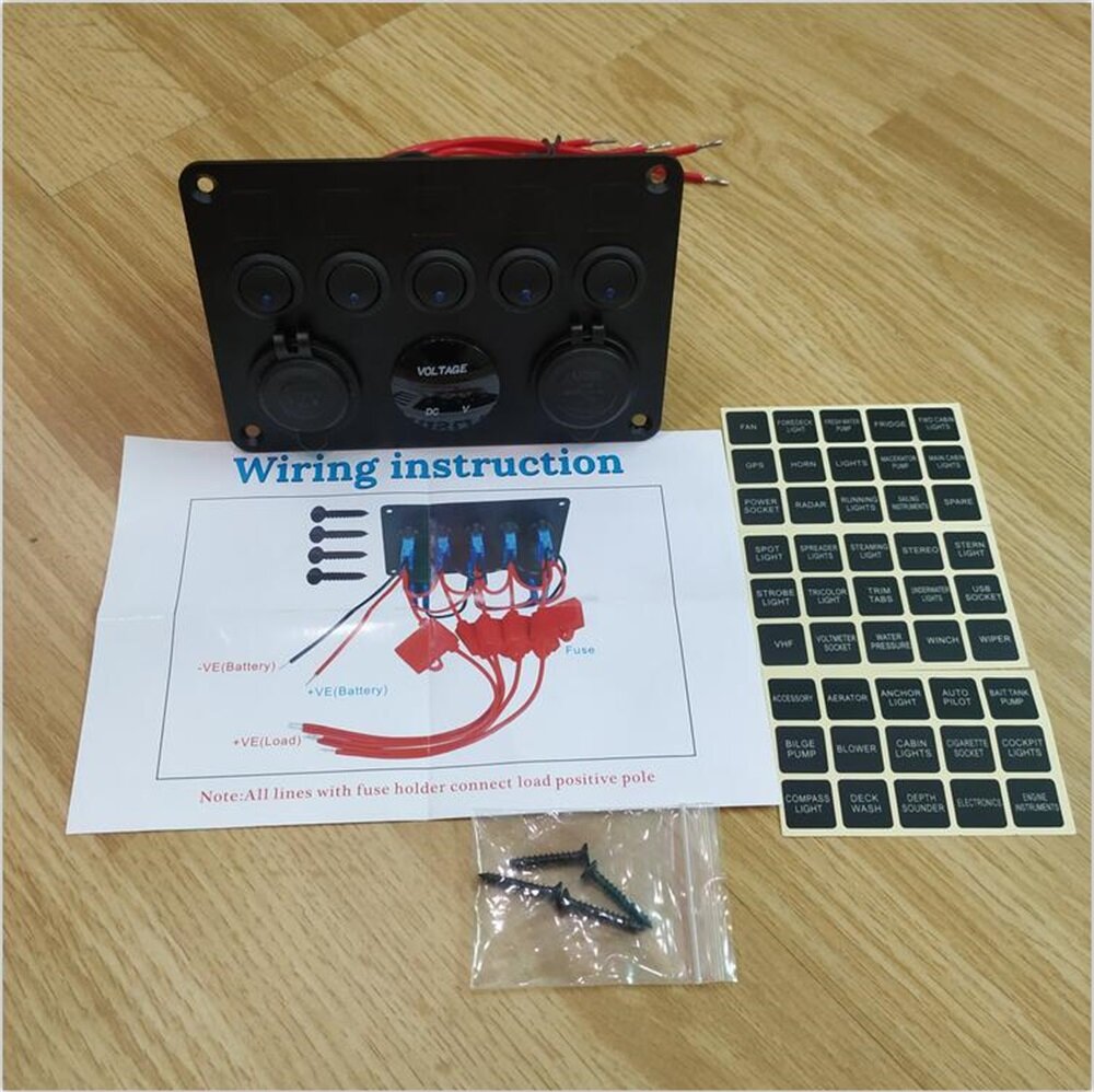 12-24V Universal 5 Gang ON/Off Toggle Rocker Switch Panel With Dual USB Charger LED Digital Voltmeter Waterproof For Car Truck Boat Marine