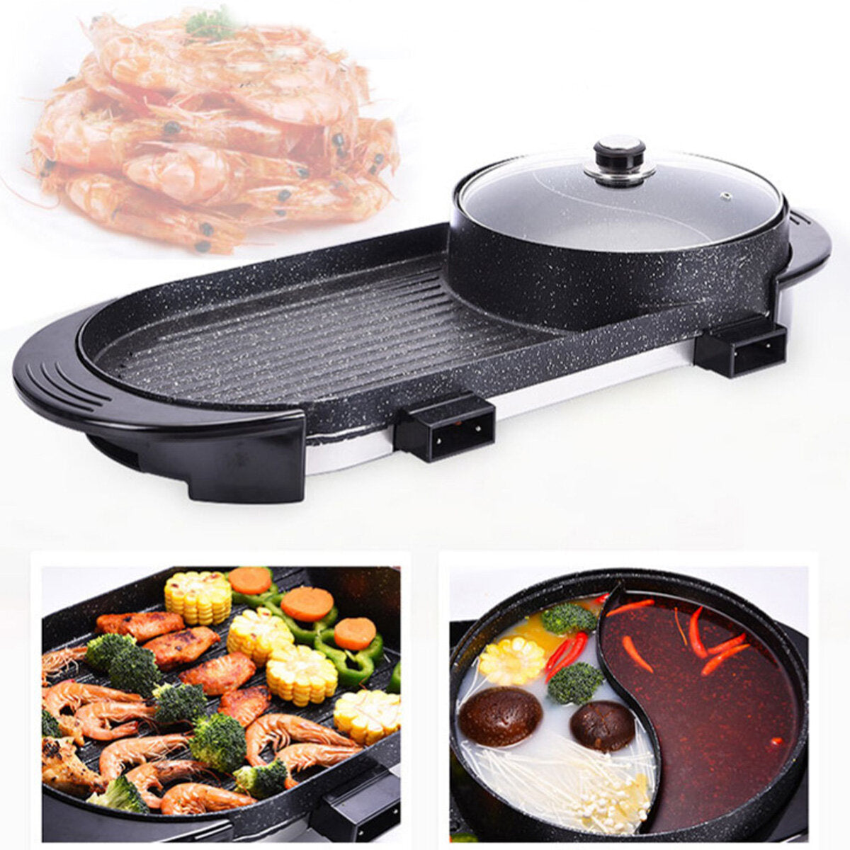 2 In 1 Multifunction Electric Grill Non-Stick Non-Smoke Hot Pot Barbecue 1800W