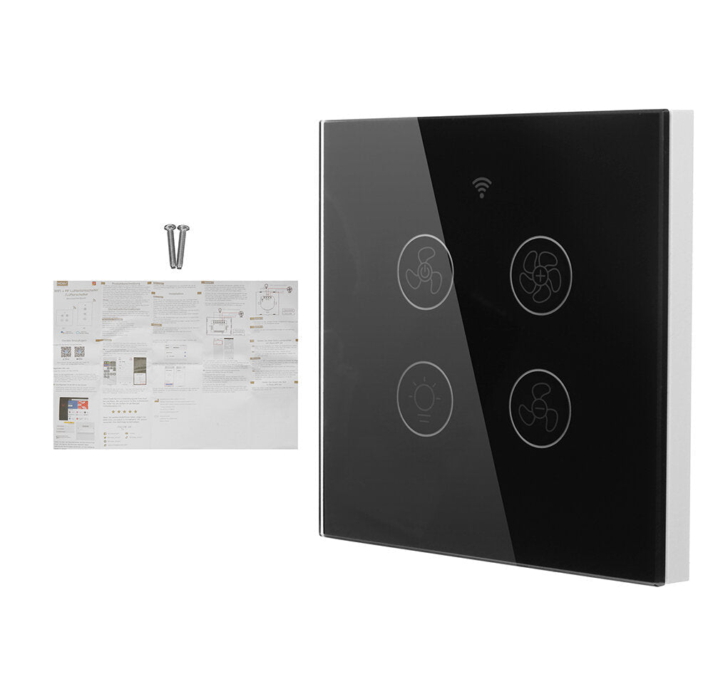 Black WiFi+RF EU Smart Ceiling Fan Light Switch 2/3 Way Control Smart Life/Tuya APP RF Remote Speed Control Work with Alexa Google Home