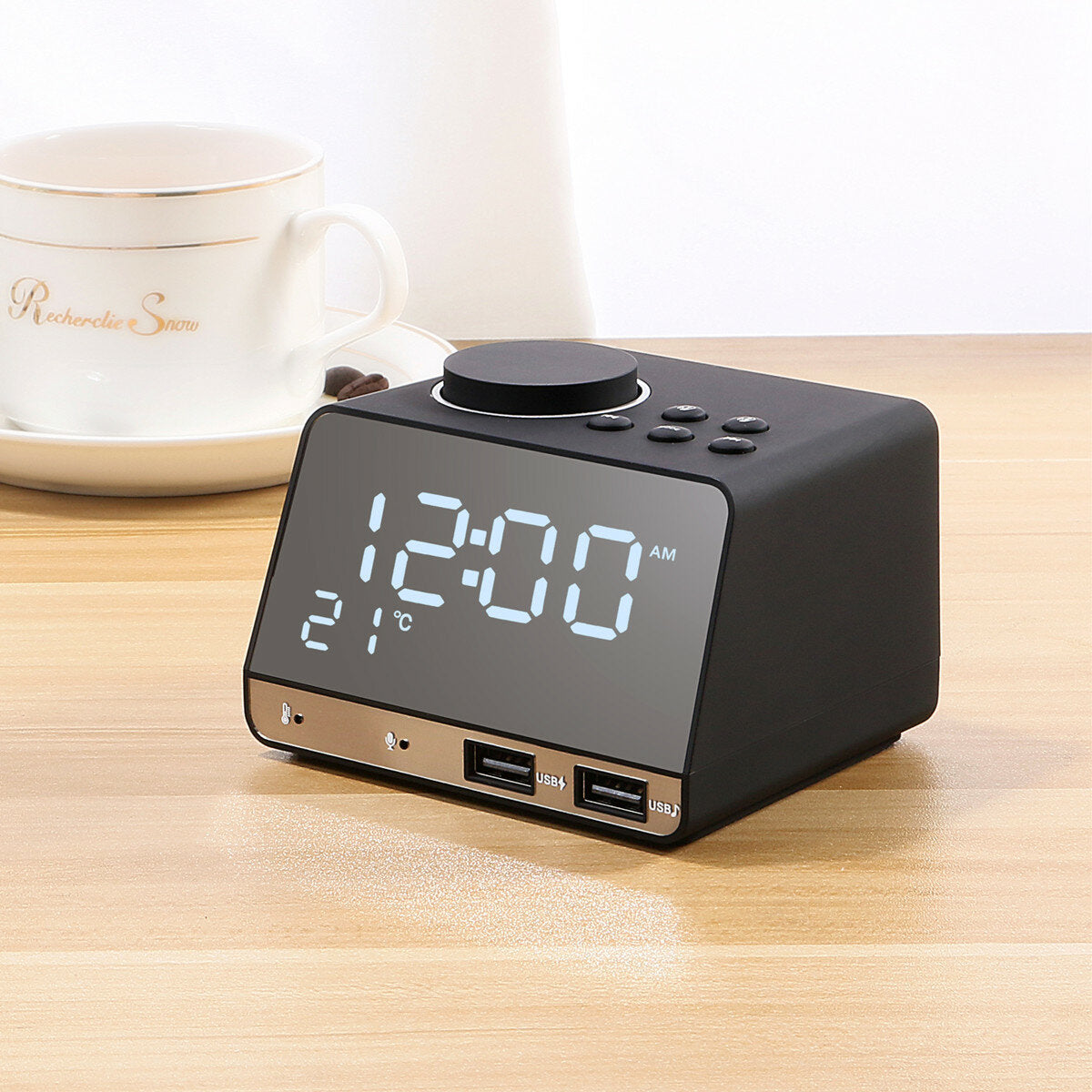 Radio Clock Double USB Chaging Port Bluetooth Alarm Clock Digital Display Mirror Alarm Clock