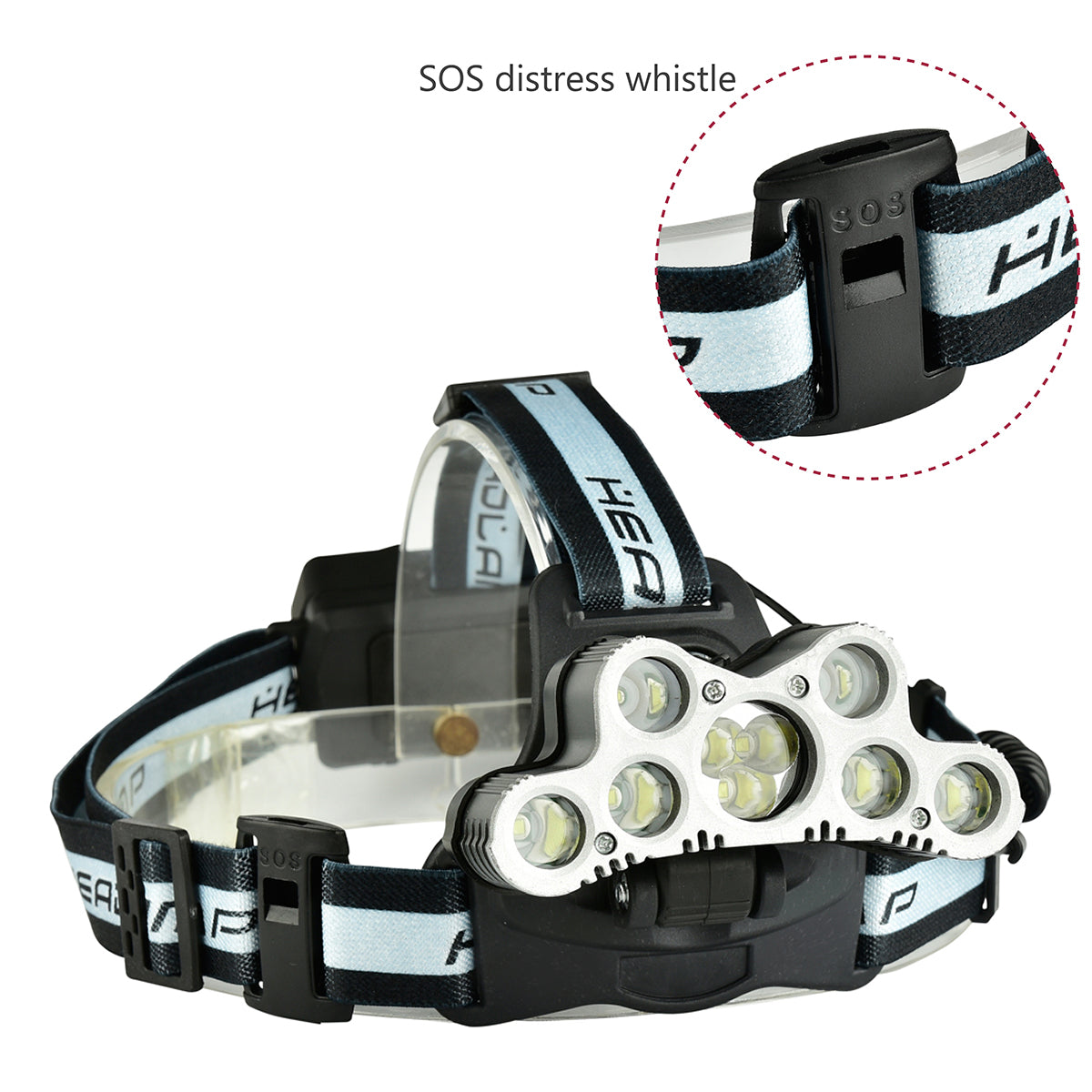 2501-B 6-Modes 7xT6+2xQ5 LED Outdoor Head Torch Waterproof Ultra Bright Headlamp With SOS Whistle