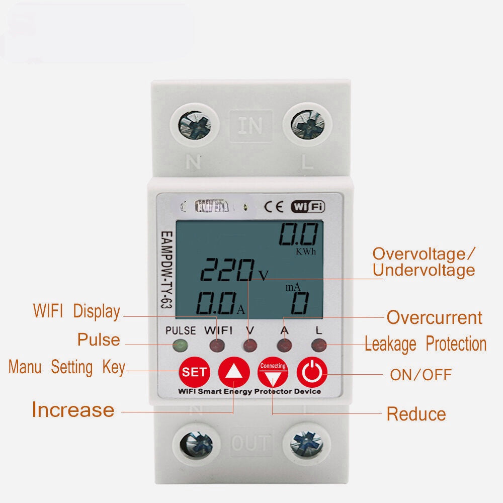 WiFi Smart Circuit Earth Leakage Over Under Voltage Protector Relay Device Switch Breakers Energy Power kWh Meter Works With Alexa Google Home
