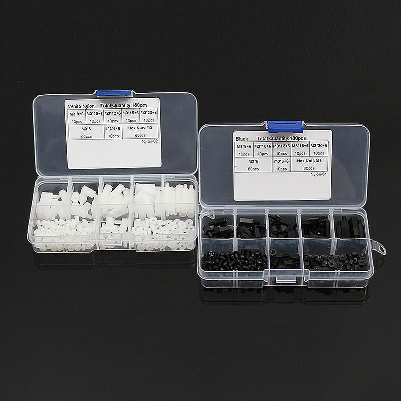 M3NH11 M3 Nylon Screw Black White Hex Screw Nut PCB Standoff Assortment Kit 180Pcs