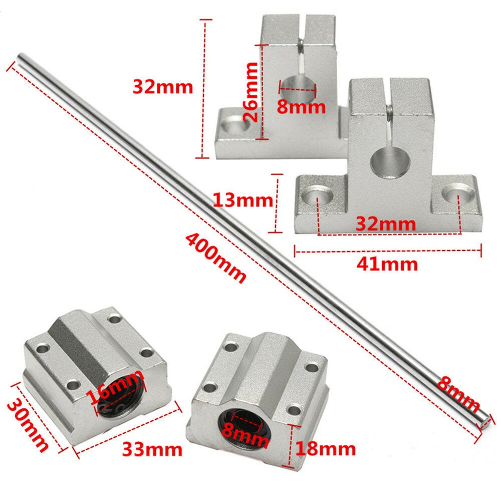 8x400mm Linear Rail Shaft with 2pcs Shaft Supports and 2pcs Linear Bearing Block