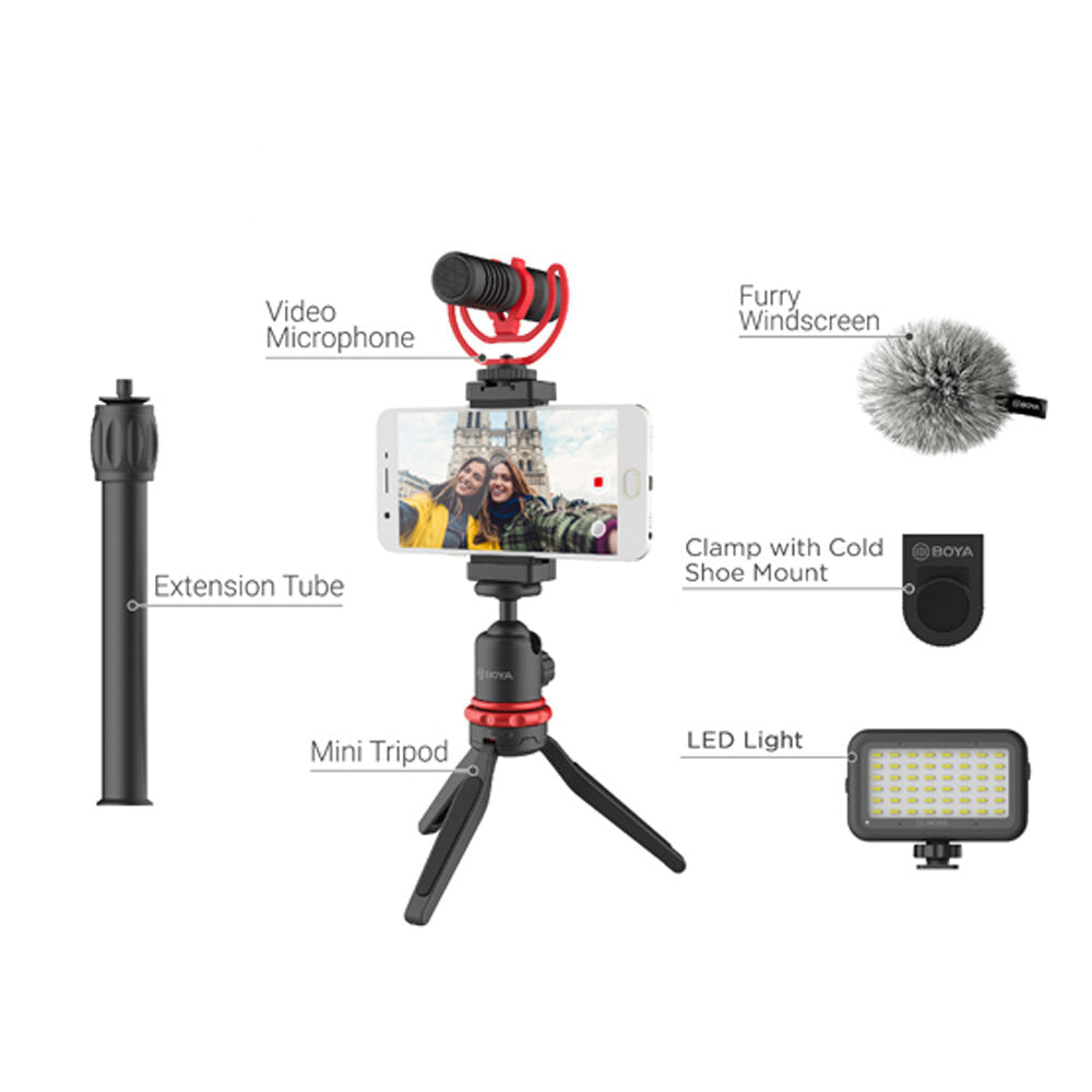 Microphone Mic LED Light Tripod Phone Clip Holder Kit for Smartphone Vlog Live Studio Video