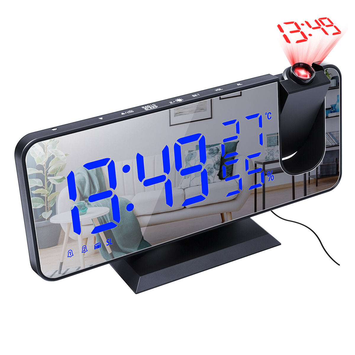 LED Digital Alarm Clock FM Radio HD Time Projection Mirror Clocks Snooze Function Temperature Humidity Display Electronic Clock Time Clock