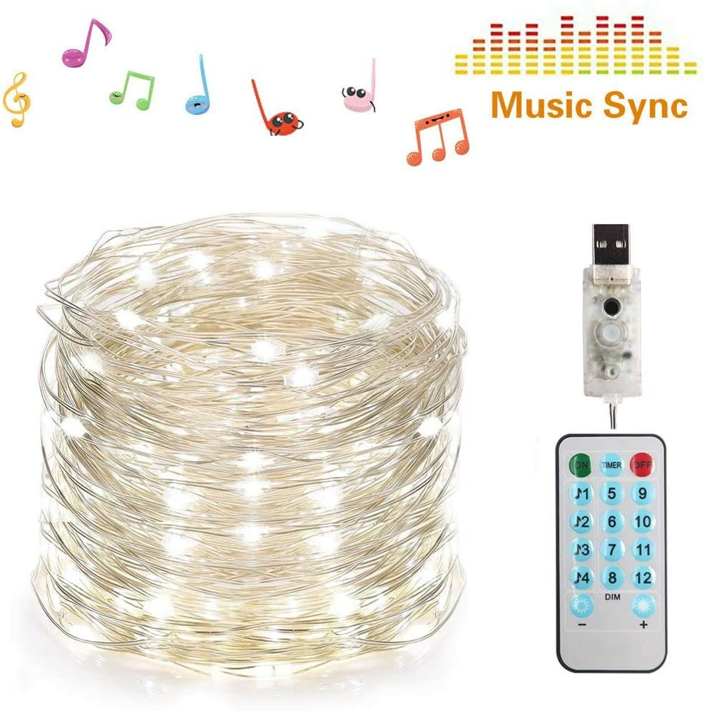 LEDs Music Fairy String Light Silver Wire Twinkle Starry Lights with Remote Control Timer 32.8ft