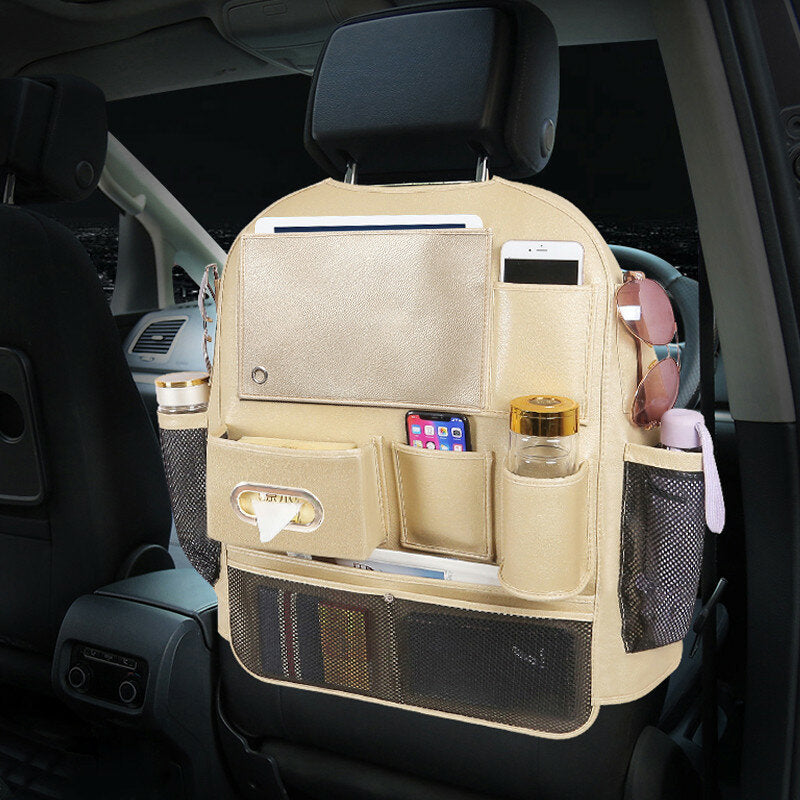 Leather Car Seat Back Storage Bag Seat Cover Multi-functional Cup Holder Organizer