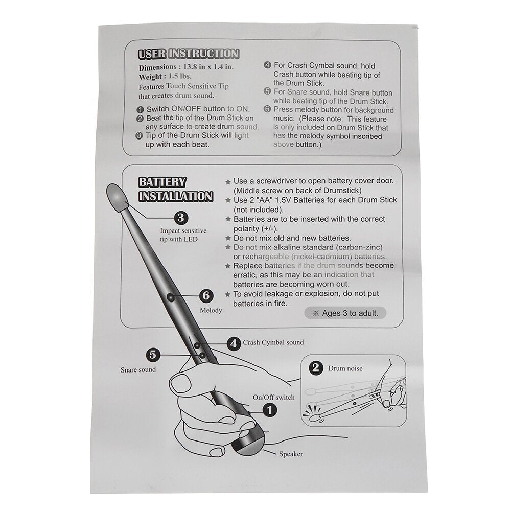 Electric Drum Sticks Air Drumsticks with Light Music Cymbal & Snaredrum Sound Percussion Musical Instrument