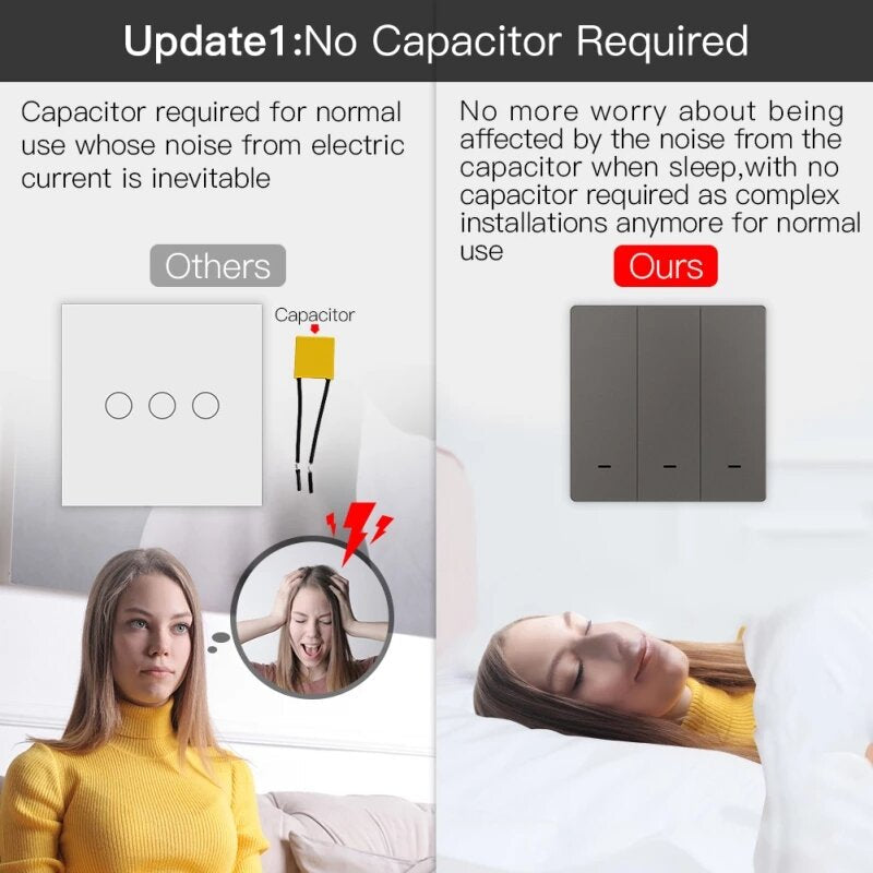 Smart Light Switch No Neutral Wire No Capacitor Remote Control Works with Alexa Google Home