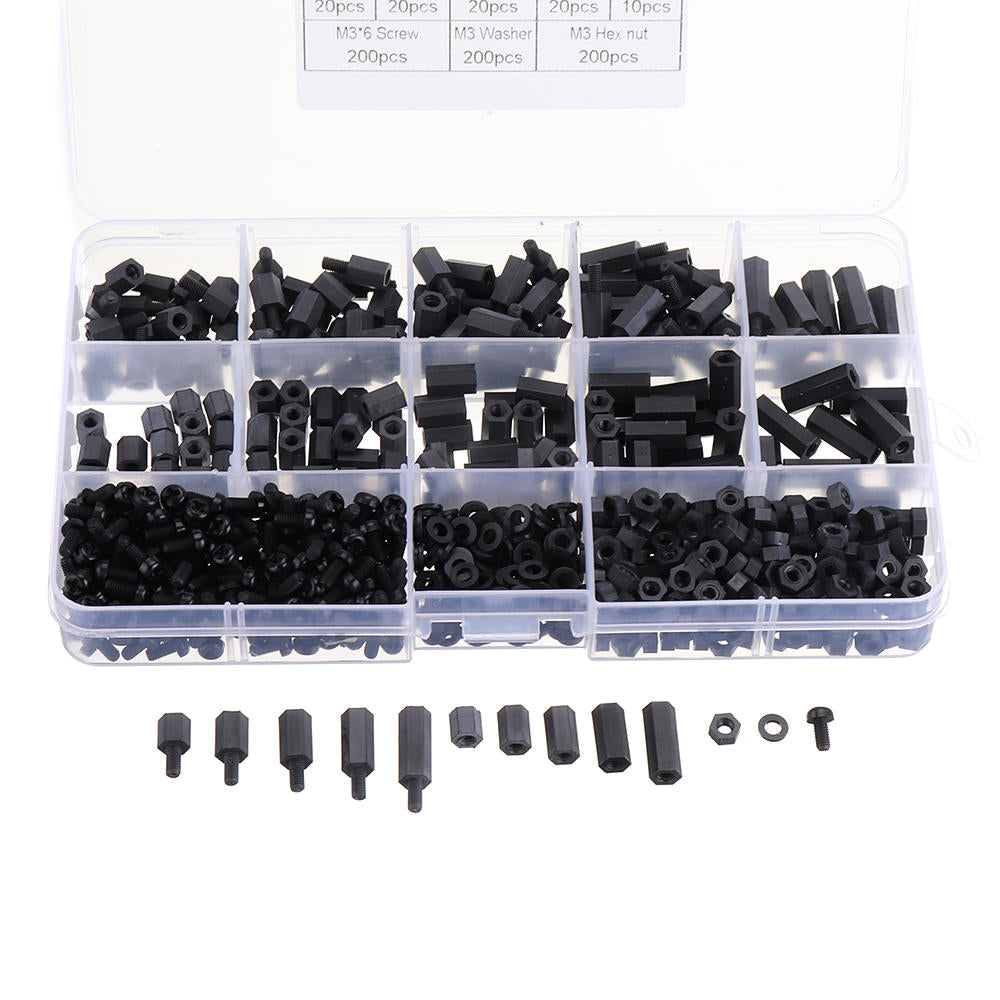 M3NH17 780Pcs M3 Nylon Screw Black Hex Screw Nut PCB Standoff Spacer Column Assortment Kit