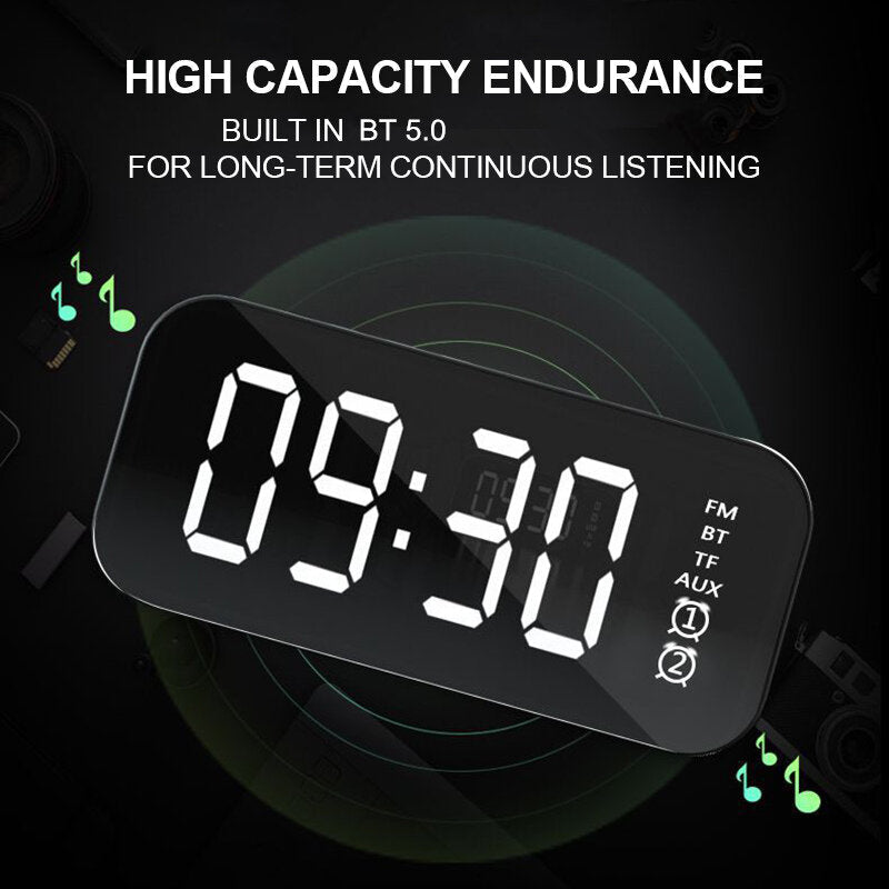 Wireless Bluetooth Speaker Mini LED Double Alarm Clock FM Radio TF Card AUX Soundbar Subwoofer with Mic