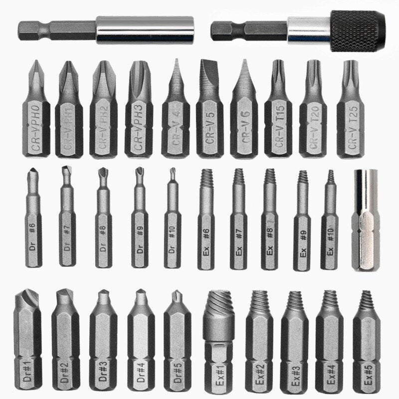 33pcs Damaged Screw Extractor Set with Screwdriver Bits for Broken Screw HSS Broken Bolt Extractor Screw Remover Kits