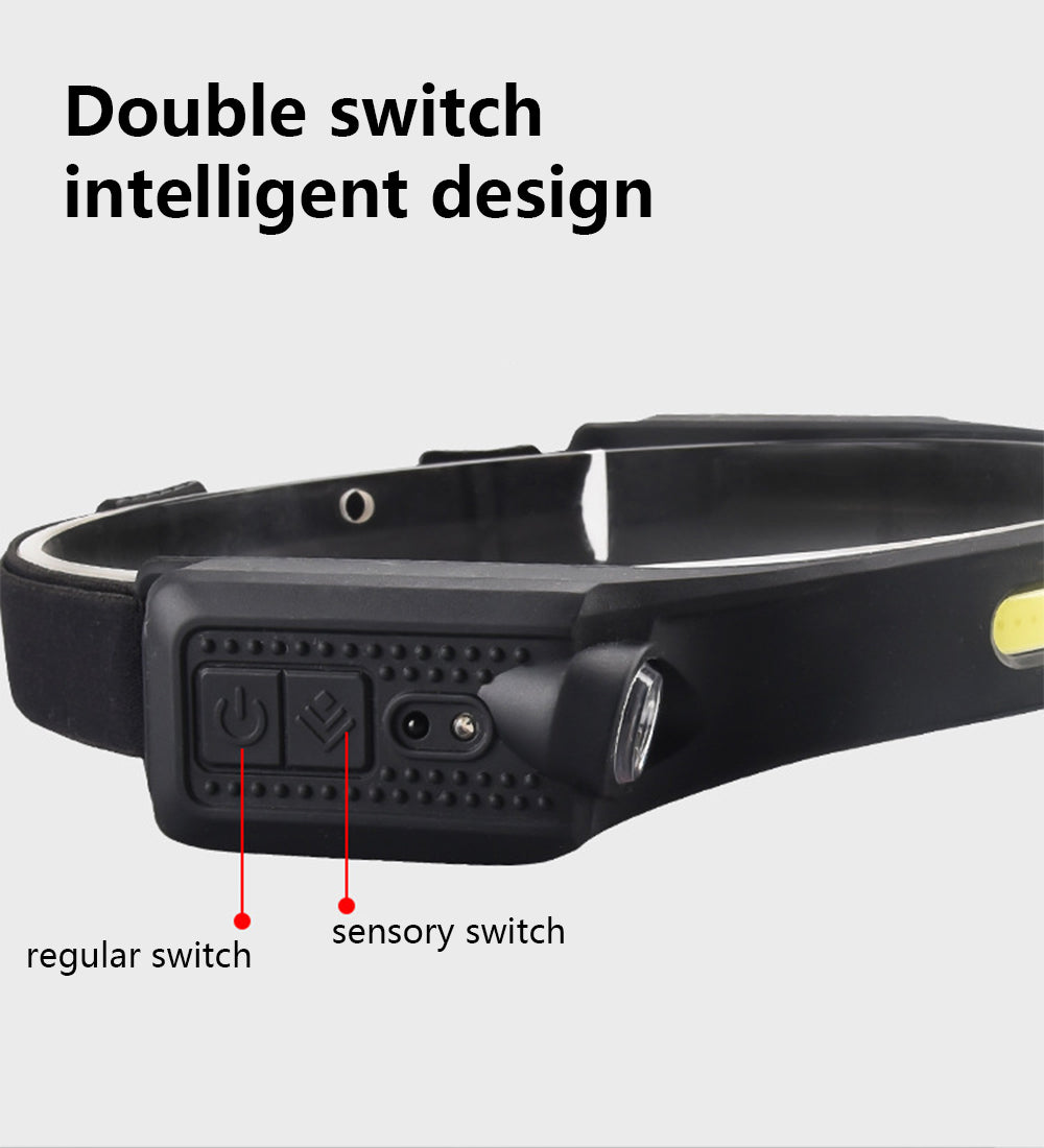 2XPE+COB Induction Headlight 1200mAh 270 Wide Range 350LM 5 Lighting Modes Type-C Rechargeable Head Torch