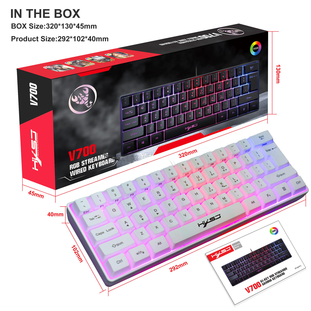 61 Keys Gaming Keyboard USB Wired LED Backlit Multiple Shortcut Keys Mini Mechanical Feel Keyboard for Home Office