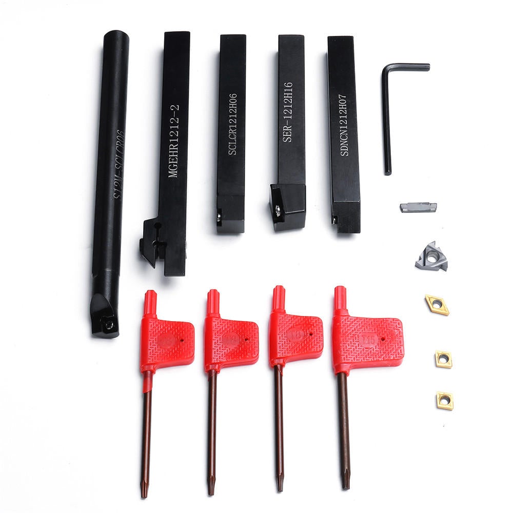 5pcs 12mm Shank Turning Tool Holder Set with Inserts Blade Wrench for Bench Lathe CNC