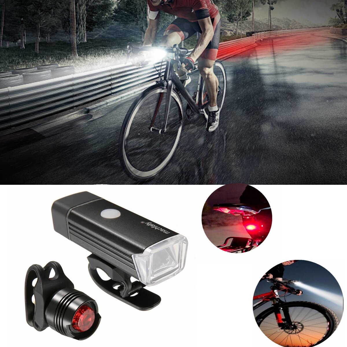 Bicycle Headlights Tail Lights Set Rechargeable Bicycle Light with USB Port Super Bright Portable Outdoor Cycling Bike Light