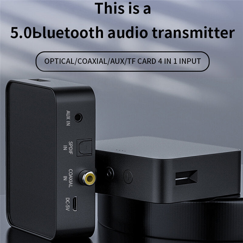Multi-Function Bluetooth Transmitter Audio Adapter Hi-Fi Noise Reduction BT5.0 AUX-In TF Card Coaxial Optical Fiber SPDIF Audio Transmitter