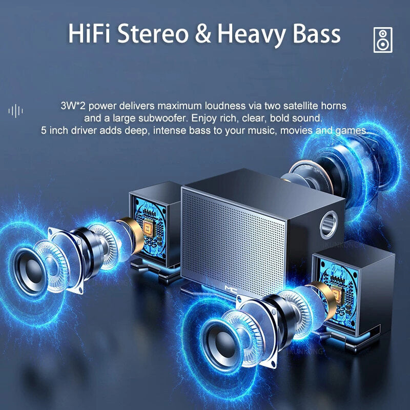 Bluetooth 5.0 Speaker Hi-Fi Stereo Bass USB Subwoofer Music Boombox Desktop Laptop LED Light Altavoces U Disk/AUX/TWS/TF/SD Card Player