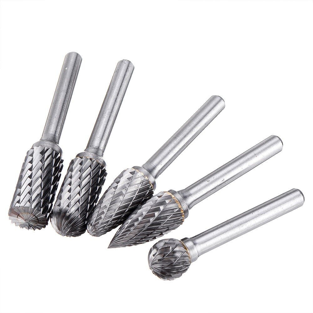 5Pcs 6x12mm Carbide Burr Set with 6mm Shank Double Cut Solid Carbide Rotary Burr Set for Die Grinder Drill Metal Wood Carving Engraving
