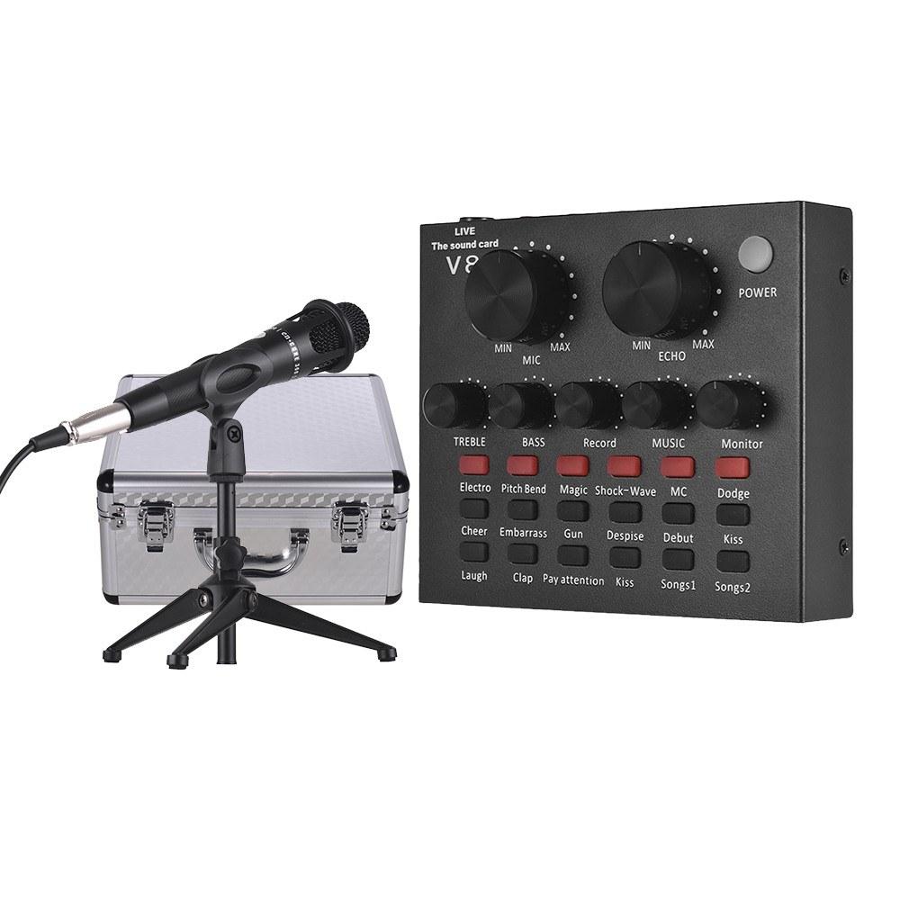 USB Sound Card Microphone with Tripod Audio Cable Earphone for Broadcast Live Streaming Tik Tok YY Karaoke Singing