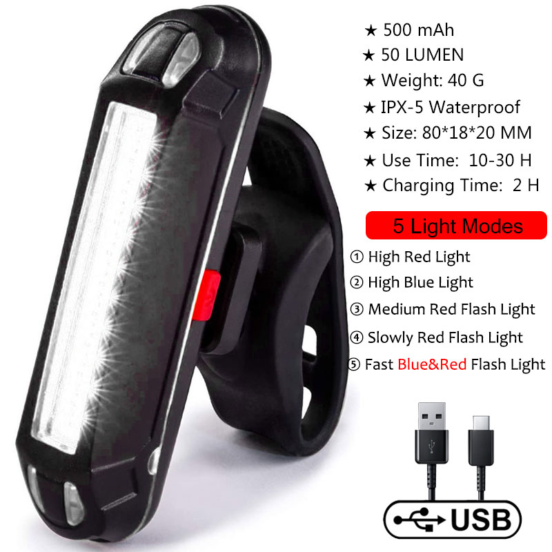 Waterproof Bike Tail 500mAh Rear USB Charging 5 Modes Flashlight With COB Lamp
