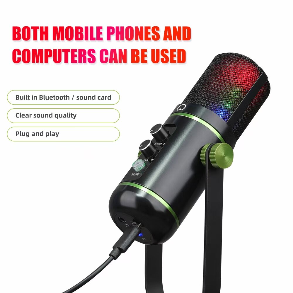 USB Microphone with RGB Breathing Light Capacitive for Live Streaming Recording Studio