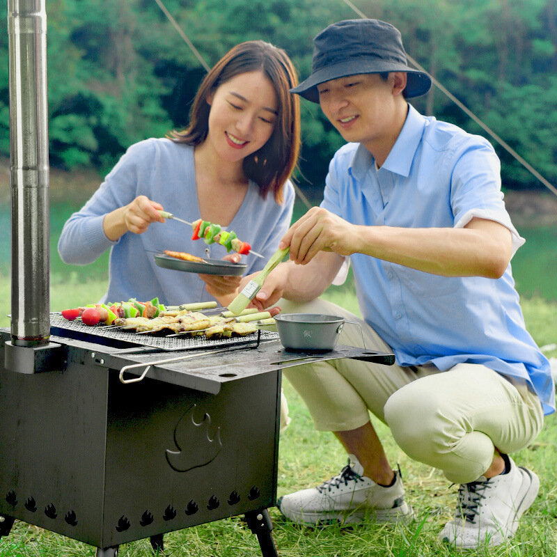 Outdoor Wood Stove Stainless Steel Barbeque Grill Portable Foldable Camping Picnic Cooking Furnace