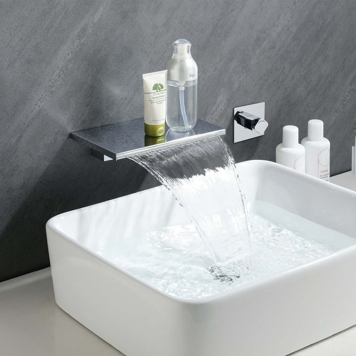 Modern Single Handle Wall Mount Faucet Waterfall Spout Bathroom Tub Basin Concealed Tap Hot Cold Water Mixer