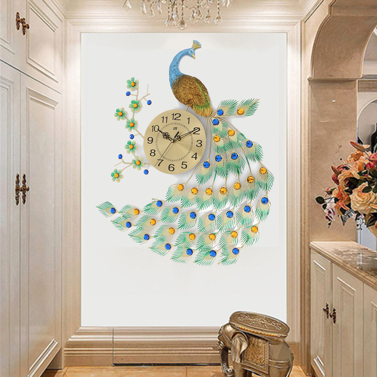 Home Large Metal Peacock Luxury Diamond Wall Mounted Clock Living Room Art Decor