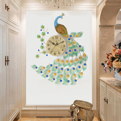 Home Large Metal Peacock Luxury Diamond Wall Mounted Clock Living Room Art Decor
