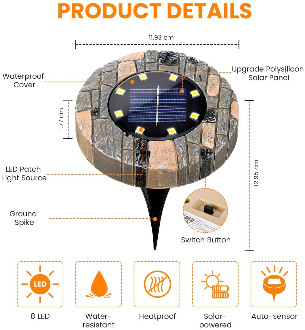 8 Pack Solar Ground Lights 8 LED Disk Solar Lights Outdoor Upgraded Garden Waterproof Bright In-Ground Lights for Pathway