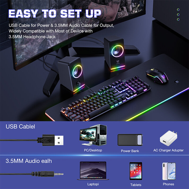Gaming Speaker 2.0 Channel RGB Light Computer Speaker Stereo Bass Touch Control Gaming Wired USB/3.5mm Speaker