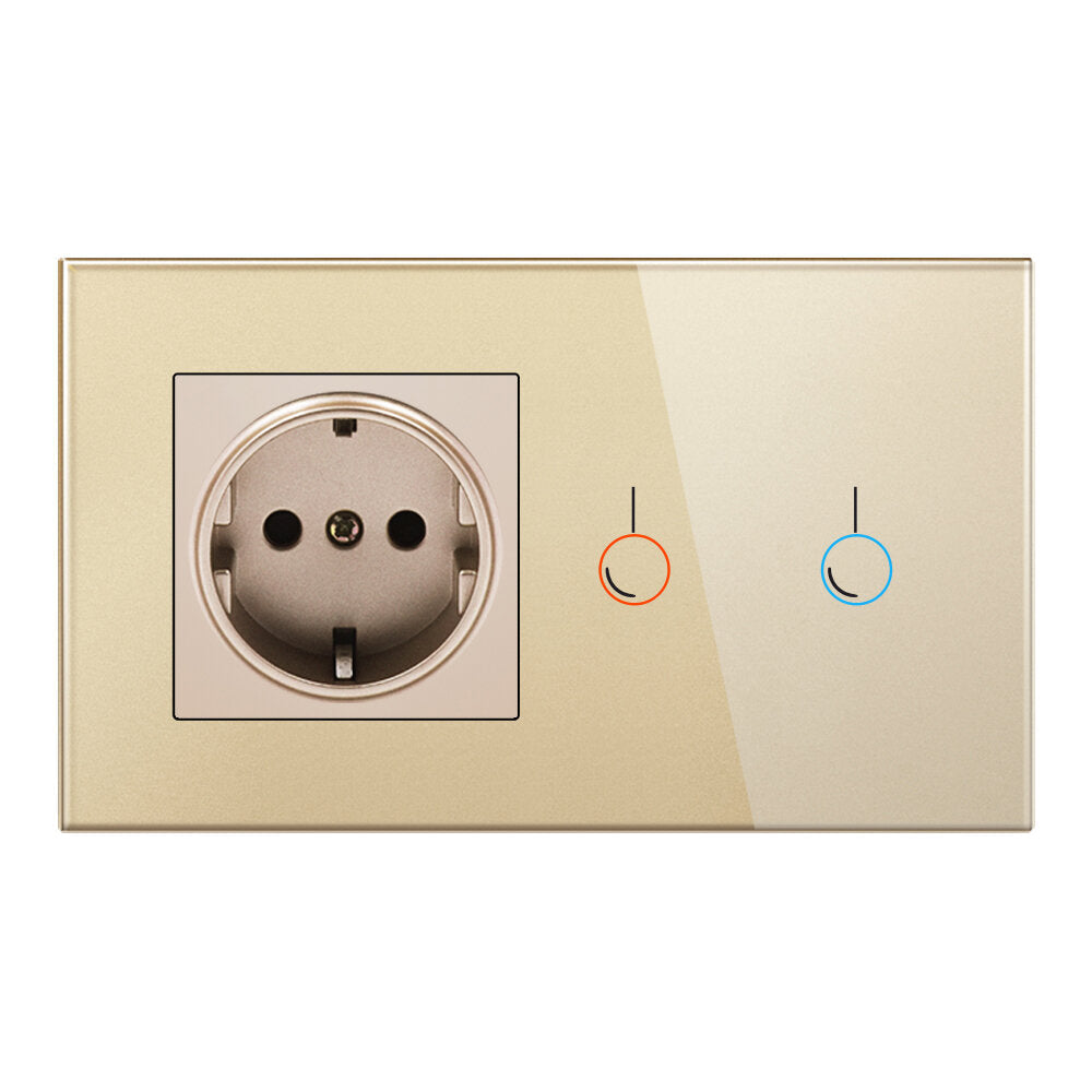 Touch Sensor Switch with Socket Crystal Glass Panel 146*86mm Wall Socket with Light Switch 2 Gang 1 Way,170~250V 16A
