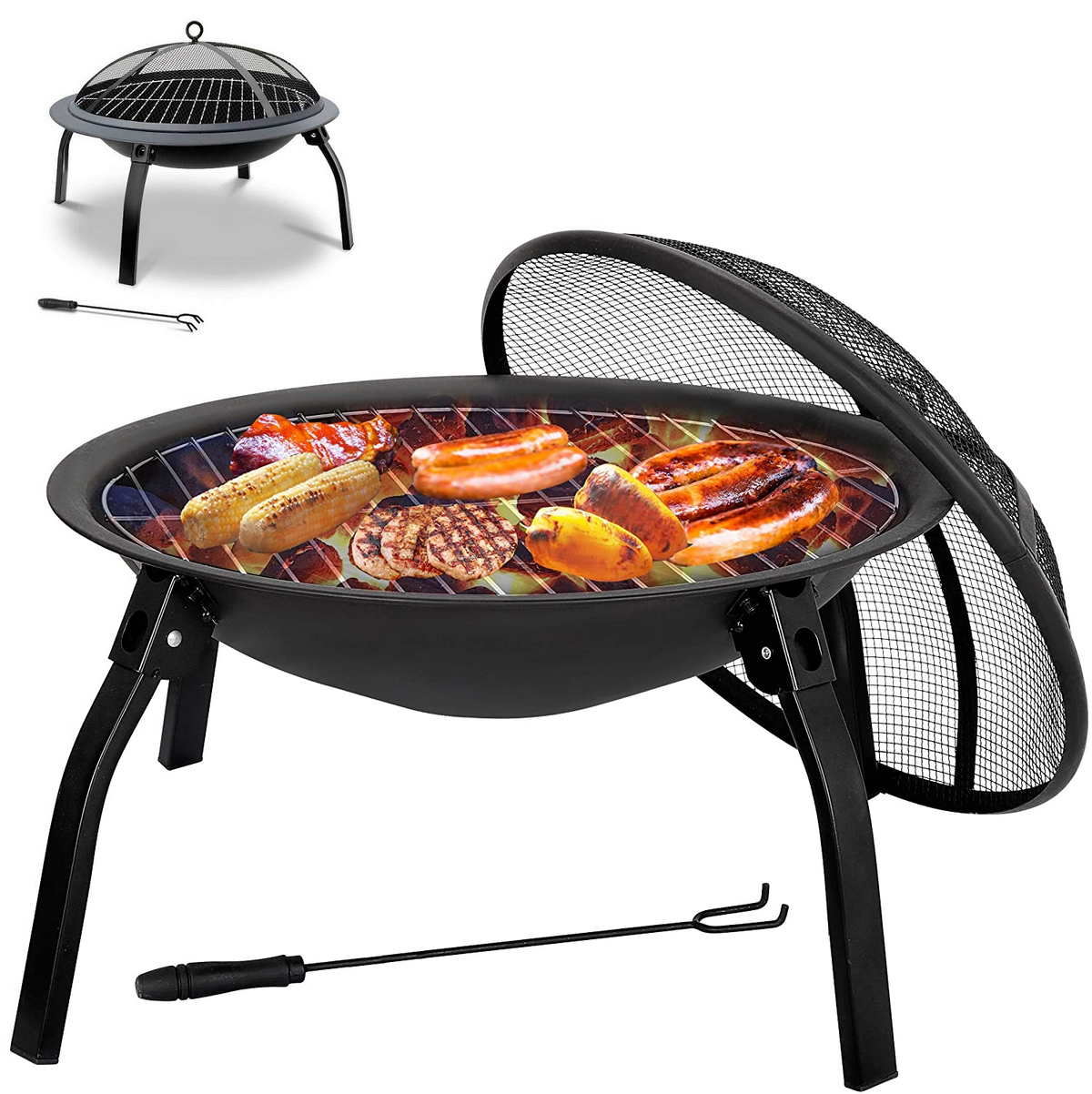 22inch Folding Steel Fire Pit BBQ Grill Round Fire Bowl Lightweight with Log Grate Mesh Cover BBQ Stove for Camping Picnic Bonfire Patio Garden