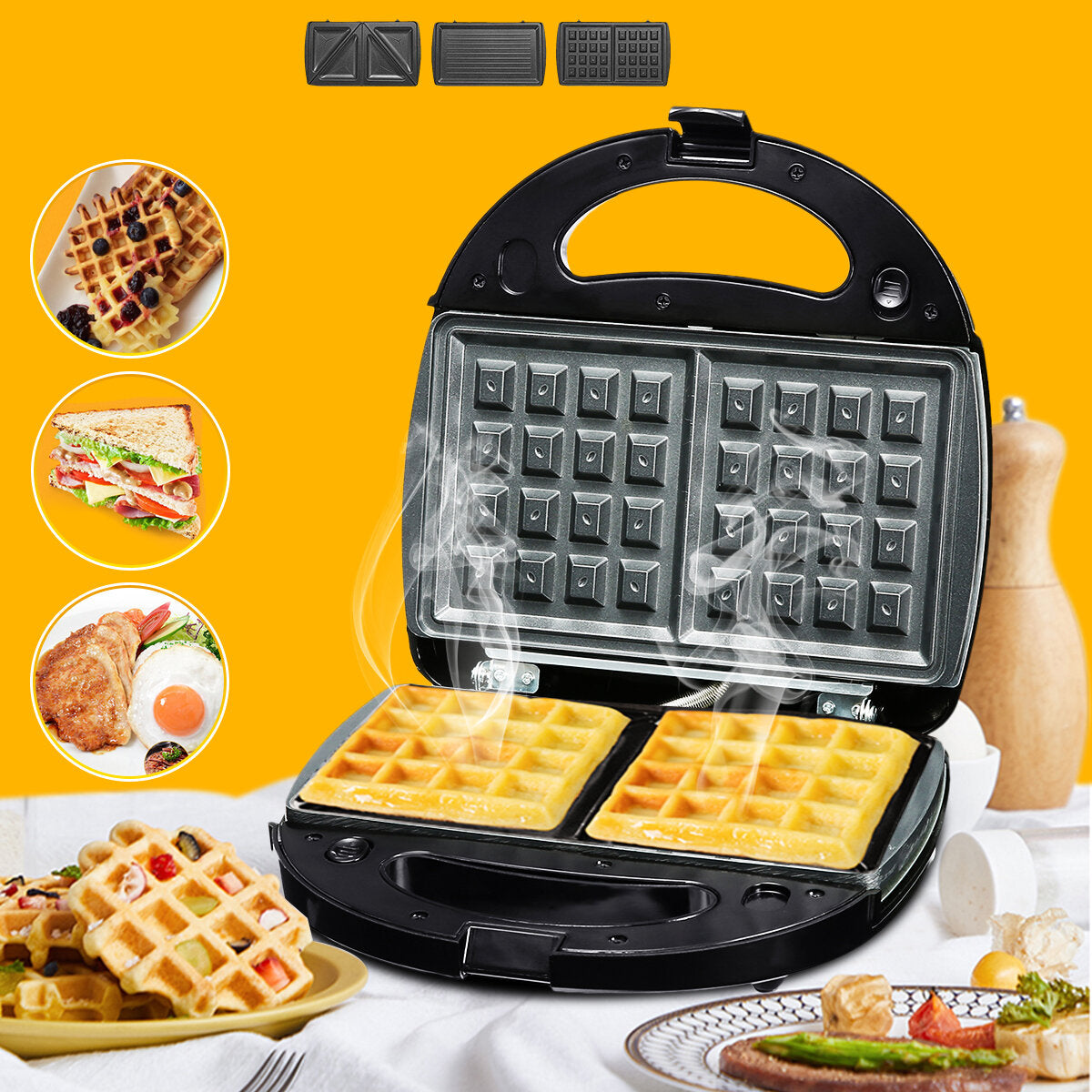 220V 750W Multifunction3 in 1 Breakfast Machine Sandwiches Waffles Panini Toast Maker Non-Stick Coated Baking Sheet