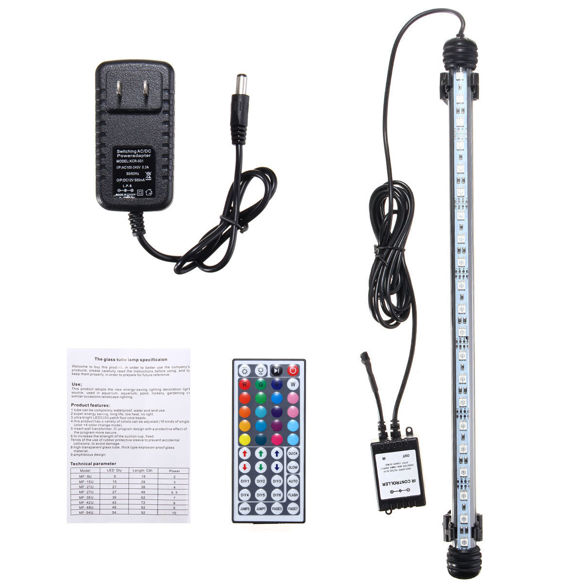 38CM 5.9W RGB LED Aquarium Fish Tank Light SMD5050 Color Changing Bar Submersible Lamp + Remote Control AC110-240V