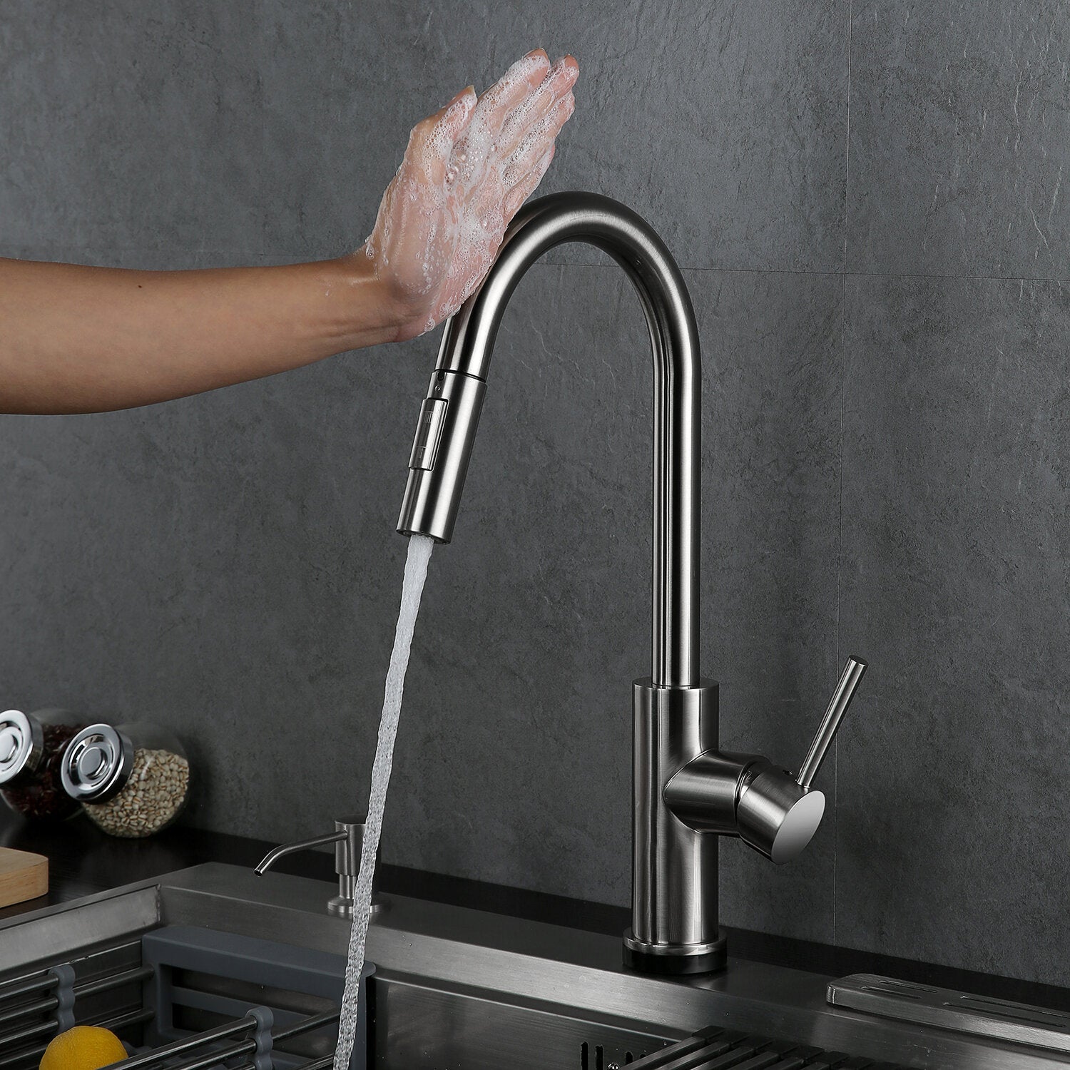 Pull Out Kitchen Faucet 304 Stainless Steel Tap Swivel 360 Degree Splash Proof Sink Hot And Cold Mixer