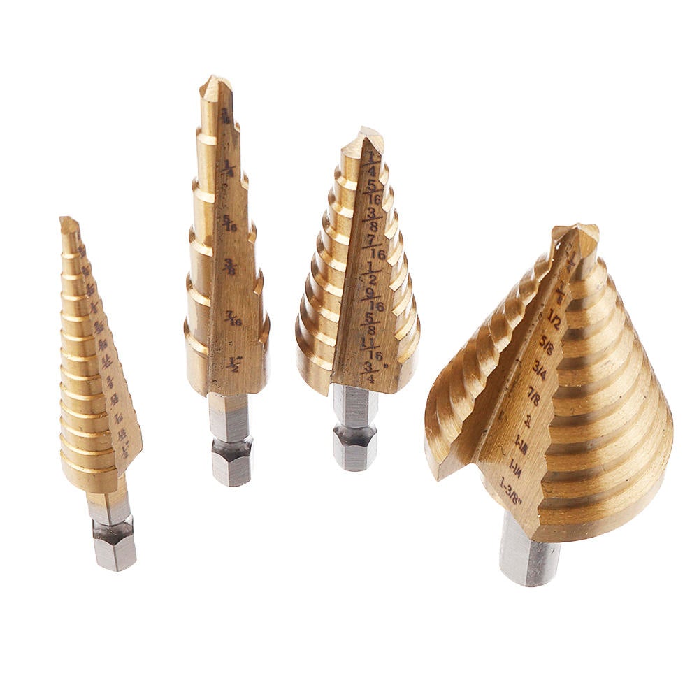 4Pcs High Speed Steel Titanium Coated Step Drill Bit 1/4 Hex Shank HSS