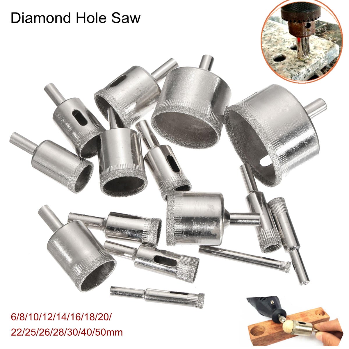 15Pcs 6-50mm Diamond Hole Saw Drill Bit Set 100 Grits Tile Ceramic Glass Marble Bits