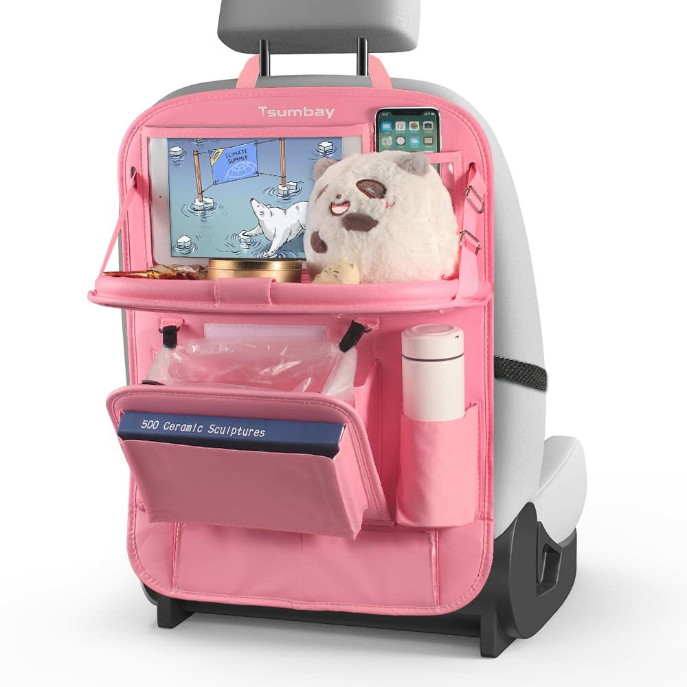 Car Back Seat Organizer Storage Bag Auto Pouch Pockets with Trash Can Table Tray