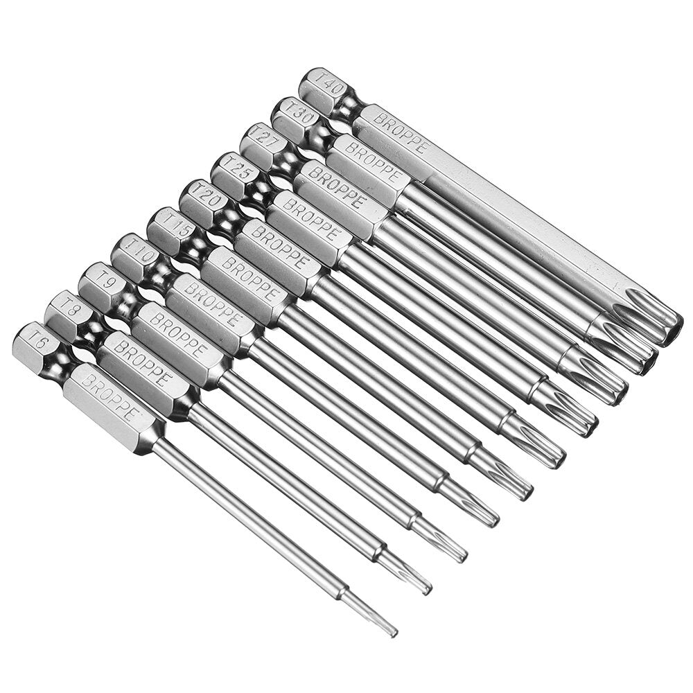 10Pcs S2 Alloy Steel T6-T40 75mm Magnetic Torx Screwdriver Bits 1/4 Inch Hex Shank