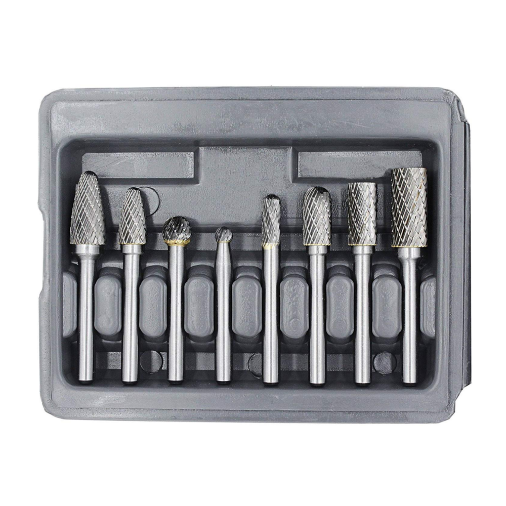 8PCS Carbide Burr Set with 1/4 Inch(6.35mm) Shank Double Cut Solid Carbide Rotary Burr Set