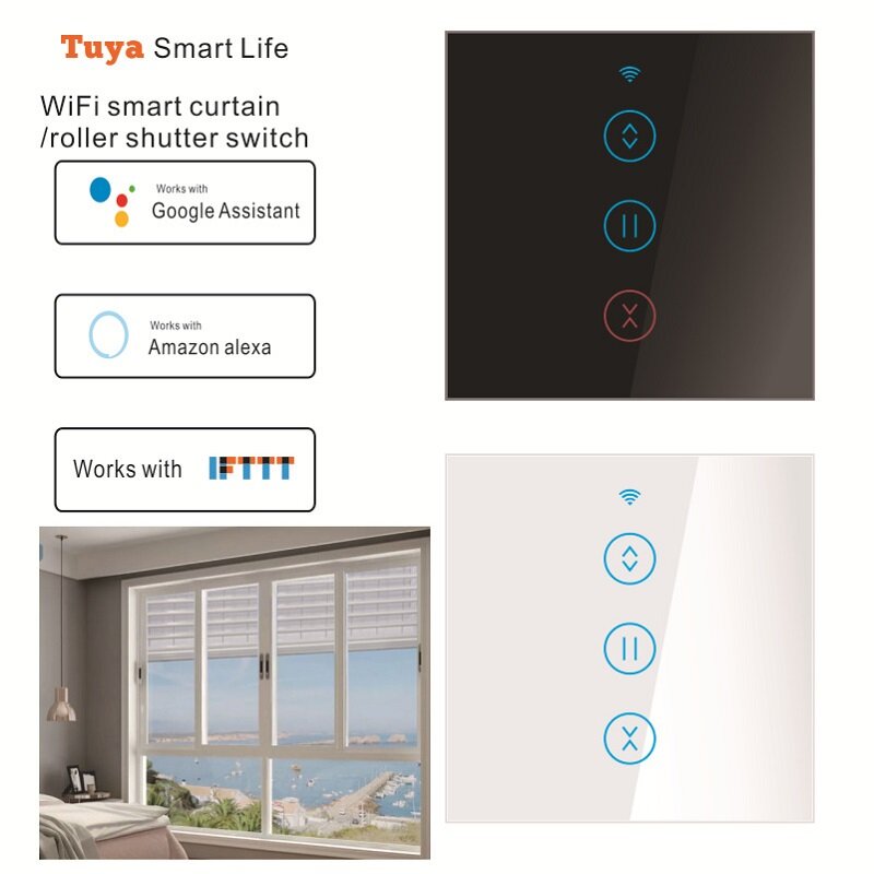 Smart WiFi Curtain Shutter Touch Door Switch EU Standard Remote Control Works with Alexa Google Voice Control