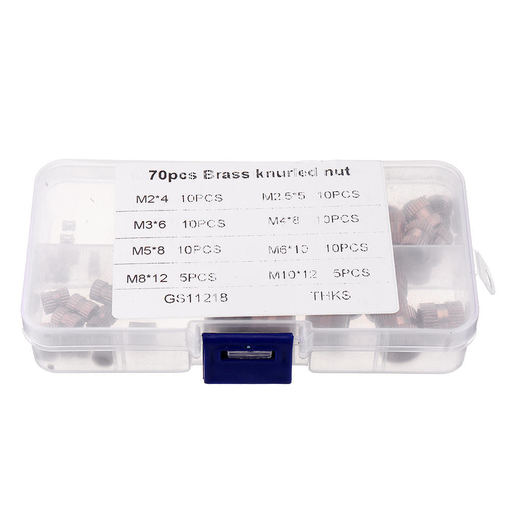 70Pcs M2/M2.5/M3/M4/M5/M6/M8/M10 Knurled Brass Round Female Thread Knurled Nuts Round Insert Embedment Nut Assortment Set