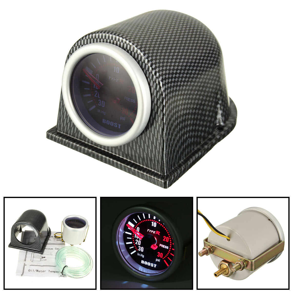 2" 52mm Universal Turbo Boost Gauge Meter Carbon Fiber holder Smoke Face PSI